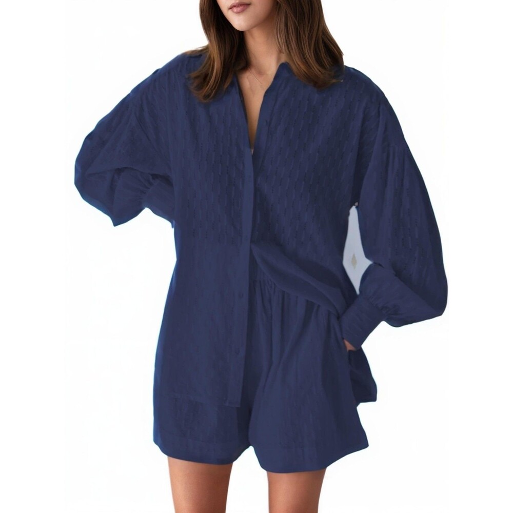 ROSA FERA Women's 2 Piece Outfit Lapel Shirt & Shorts Set Navy Blue Size X-Large